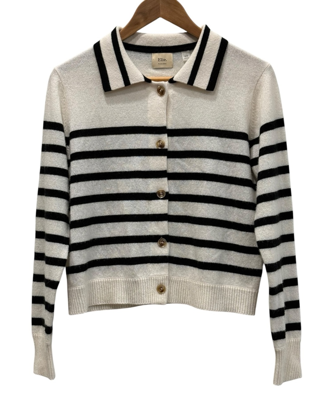 Elie Tahari 100% Cashmere Striped Polo Cardigan Sweater M Quiet Luxury Preppy